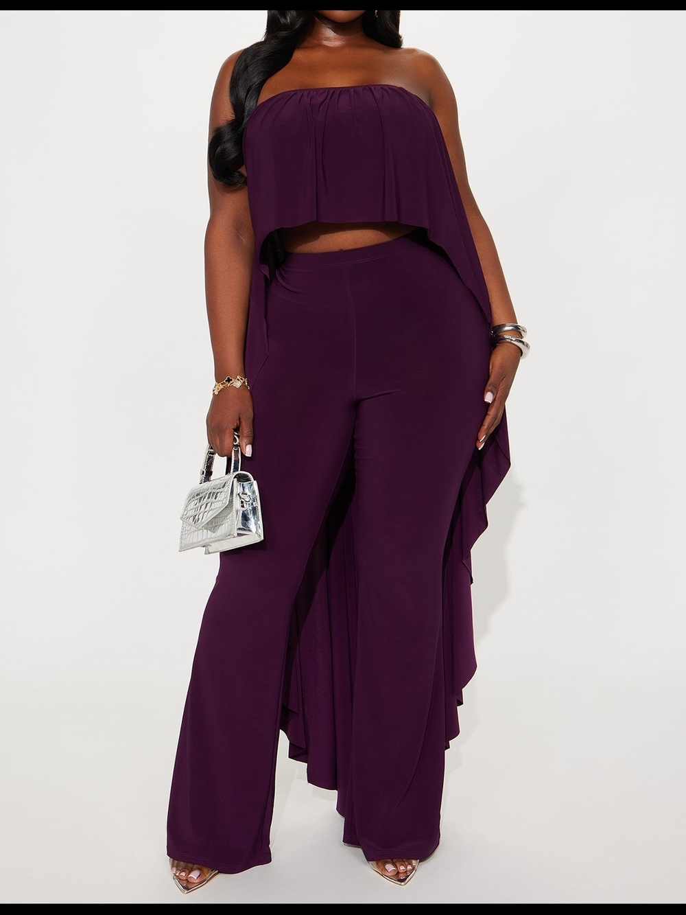 Alicia Strapless Flare Leg Pant Set - Plum